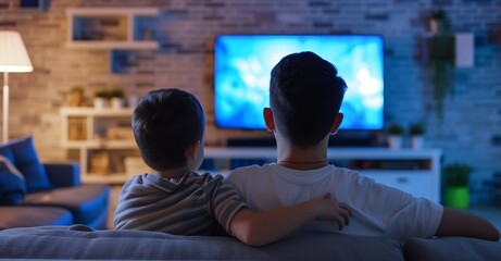A father and a child sitting on sofa in living room and watching television, back view angle