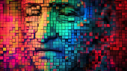 Mosaic of colored pixels forms a human face, symbolizing digital identity

