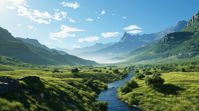 Breathtaking Green Valley with Flowing River, Lush Grasslands, and Majestic Mountains Under a Clear Blue Sky - Illustration