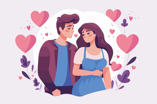 Happy young man and woman feel in love for valentines background with decorated hearts on white background, vector illustration, intimate bonding moment, Good relationships concept.