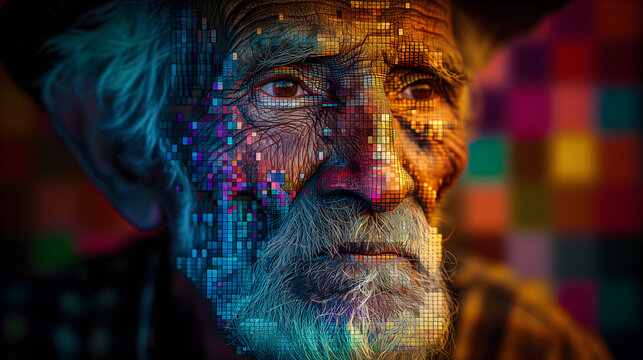 Portrait of elderly man face transforming into pixelated digital art