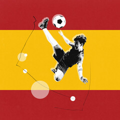 Dynamic image of young competitive man, soccer playing in motion during game representing team of...
