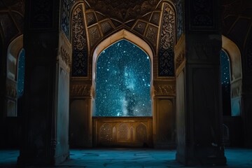 Ornate arches frame the mesmerizing view of the galaxy outside