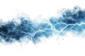 Fotobehang Lightning, electric thunderbolt strike of blue color during night storm, impact, crack, magical energy flash © Zaleman