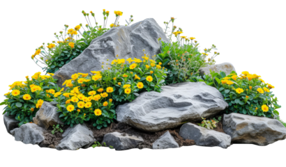 Cutout rock surrounded by yellow flowers