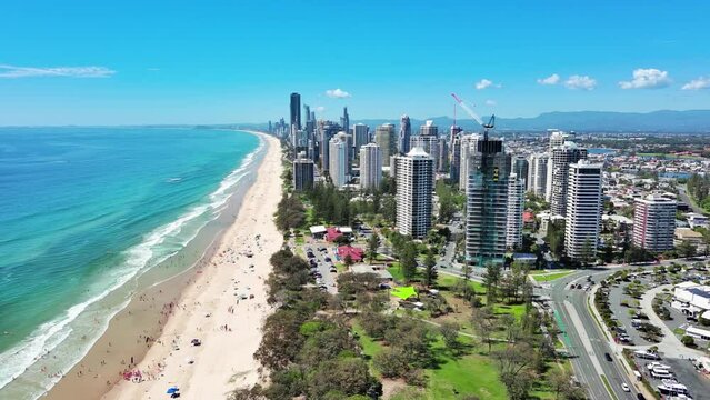 Gold Coast, Australia: Aerial view of skyscraper skyline of famous resort city on east coast of Queensland, Surfers Paradise Beach and Pacific Ocean