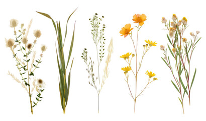 Dried set plant: green grass, yellow flowers