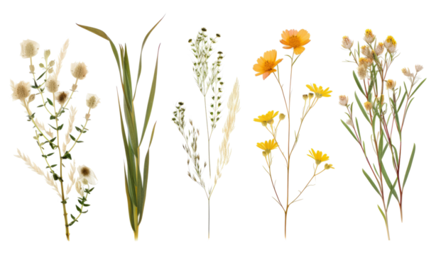 Dried set plant: green grass, yellow flowers