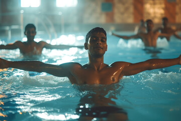 Active Indian men enjoying aqua fit class in a pool