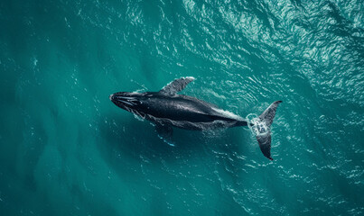 Fototapeta premium aerial view of whale in the sea water surface. top view of whale.