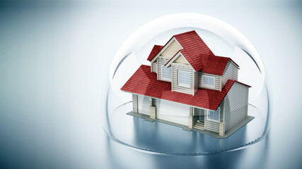 House model protected by glass sphere. Insurance and safety concept. 3D illustration © Destina