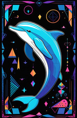 dolphin in graphic style, multi-colored on a black background