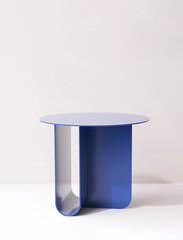 Modern design of blue round podium table on white floor in sunlight, shadow on wall for luxury beauty, cosmetic, skincare, body care, fashion product display background 3D