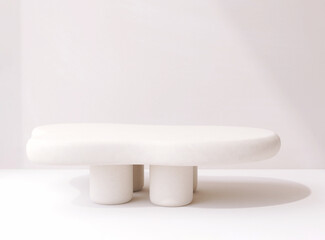 Modern, cute blank white stone Japandi design table podium in sunlight for minimal luxury organic beauty, cosmetic, skincare, body care product display background 3D