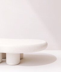 Modern, cute blank white stone Japandi design table podium in sunlight for minimal luxury organic beauty, cosmetic, skincare, body care product display background 3D