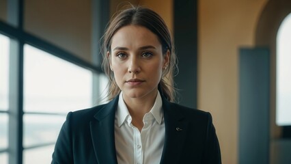 A woman in a suit stands in a room with large windows.