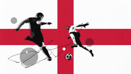 Young men, soccer players in motion, playing, representing team of England flag. Concept of...