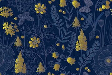 Floral seamless pattern with wildflowers and butterflies on navy blue background. - 723711123