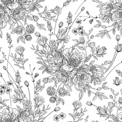 Black and white Floral seamless pattern with cute flowers. Vector illustration. Vintage. - 723711132