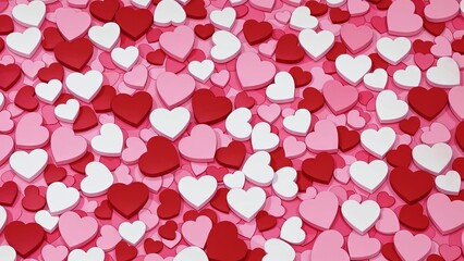 Sea of red, pink, and white hearts scattered across a pink background. The hearts are of varying sizes and are arranged in a way that creates a sense of depth and dimensionality.