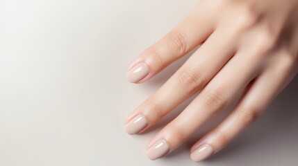 woman's hands, showcasing a beautifully executed neutral colors manicure with a focus on stunning nude shades on long nails.