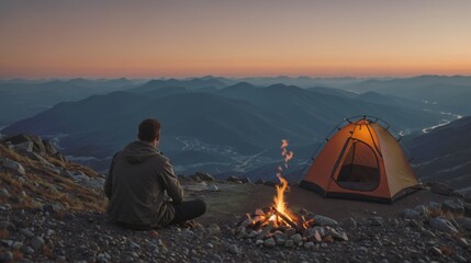 Fototapeta na wymiar A man sits near a campfire and tent on a mountain top.