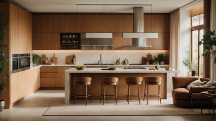 Large kitchen in contemporary flat or house. Generative AI.