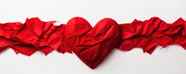 A crumpled red paper artfully shaped into the form of a heart, resting on a clean white background.