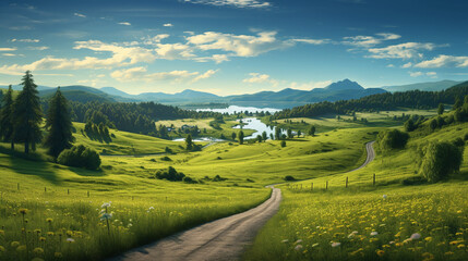 Landscape image of a meadow with a country road. Ai generate.