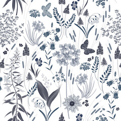 Floral seamless pattern with wildflowers and butterflies. - 723711196