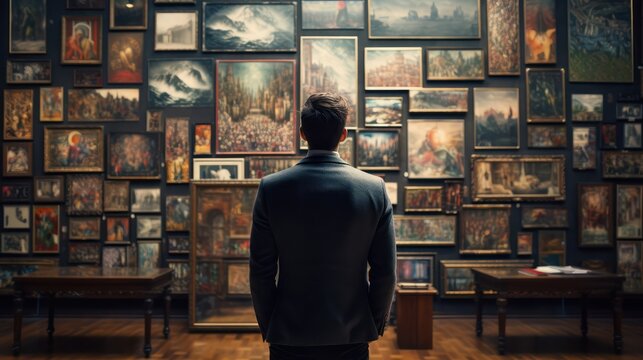 man's back portrait captures the enchanting scene of her admiring artworks in an old museum art gallery, surrounded by timeless paintings.