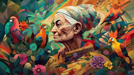 Colorful digital art of an elderly woman with a headscarf surrounded by exotic birds and vibrant foliage.