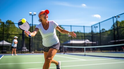 At the pickleball court, a mature woman is in the midst of a game - obrazy, fototapety, plakaty