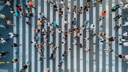 From a bird’s eye view, a crowd of people can be seen at a pedestrian crossing
