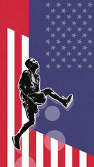 Slam Dunk. African young man, basketball player in motion, in a jump with ball during game,...