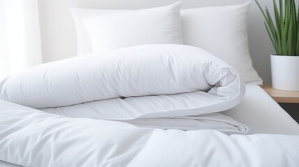 white folded duvet resting on a white bed background, evoking a sense of coziness and highlighting household and domestic activities. - obrazy, fototapety, plakaty