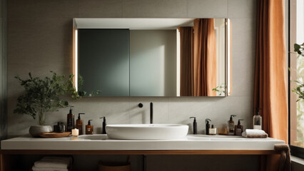 Fototapeta na wymiar Sink and mirror in modern bathroom. Generative AI.