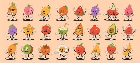 Retro groovy fruit characters. Big collection of funky happy mascots with happy smiling face.
