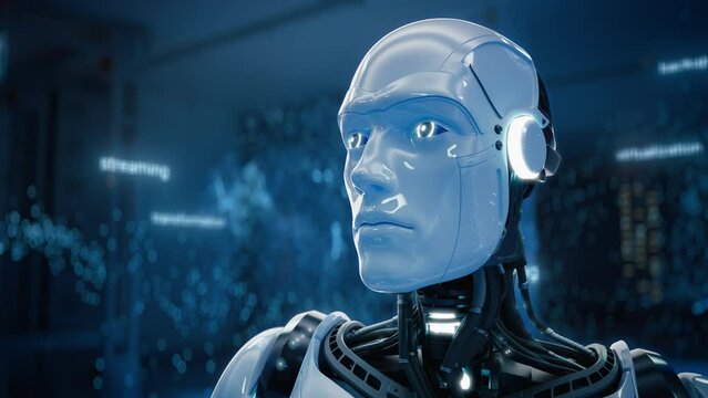 Artificial Intelligence Robot Activates Web 3.0 with a Dynamic Touch Gesture. Humanoid Works with Internet Information, Cloud Computing, Neural Big Data, Machine Learning Concept. 3D VFX Concept