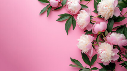 Fototapeta na wymiar Beautiful peonies on a pink background with a copy space. AI generative