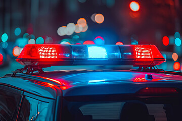 Red and blue flashing lights on a police car close-up, blurred night city on background. AI generative - obrazy, fototapety, plakaty