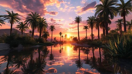 Fototapeta na wymiar Breathtaking Sunset Over a Tranquil Lake Surrounded by Palm Trees and Mountains in Illustration Style