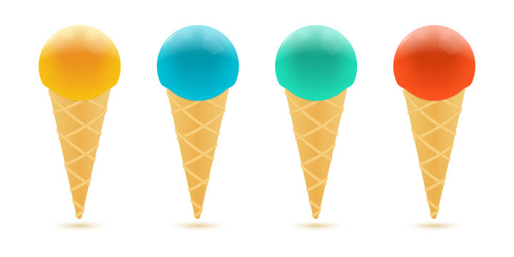 Ice cream 3d icon set. Waffle cone with scoops. Icecream cartoon design. Vector illustration.