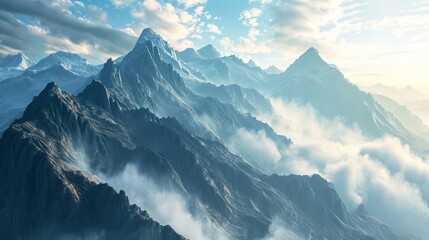 Fototapeta na wymiar Majestic Mountain Peaks Amidst Clouds at Sunrise, Illustration Style Landscape Capturing the Serenity and Grandeur of Nature