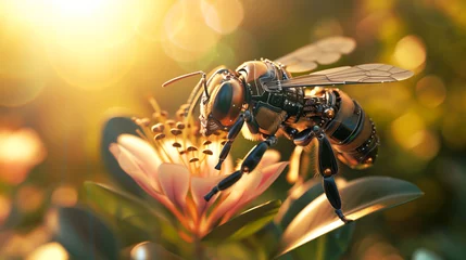 Fototapete Rund Robot bee sitting on a flower collection nectar and pollen to save the environment © Flowal93