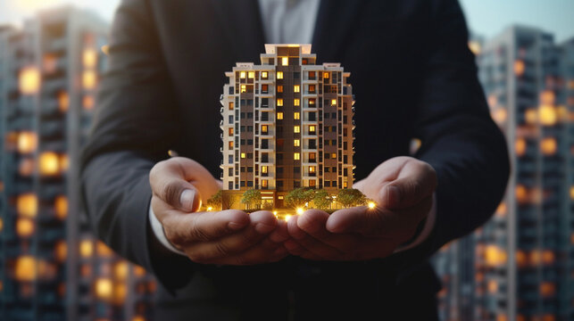 Businessman holding the condo model for advertisement.