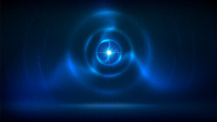 Stage with blue circular lighting background, electric discharge, arc, ball lightning, spot of light. dark backdrop. Stage illuminated by lightning. Background for displaying products. Vector