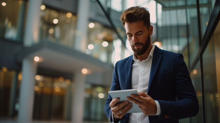 Portrait of confident young businessman in suit using digital tablet.