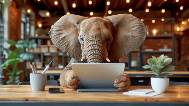 An elephant engrossed in a tablet at a modern cafe.