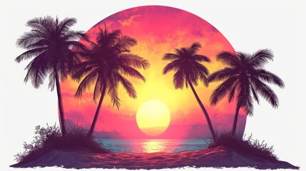 Fototapeta na wymiar Retro sunset, grainy future retro sci-fi illustration. Vintage logo with palm trees on white background. Ideal for t-shirts, banners and wallpapers.